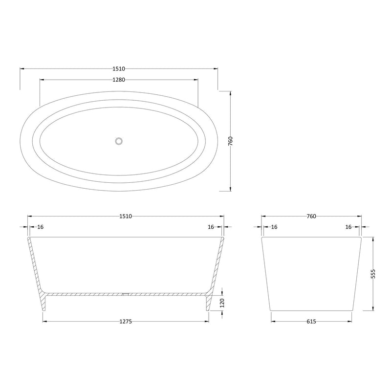 Hudson Reed Rose Oval Freestanding Solid Cian Bath 1510 x 760mm - Silk Matt