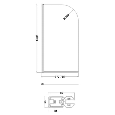 Porto Round Hinged 6mm Bath Screen 785mm