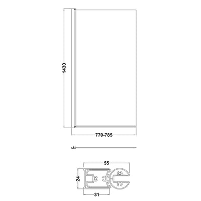 Porto Black Square Hinged 6mm Bath Screen 785mm