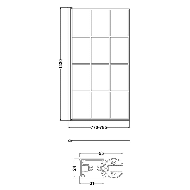 Porto Black Grid Square Hinged 6mm Bath Screen 785mm