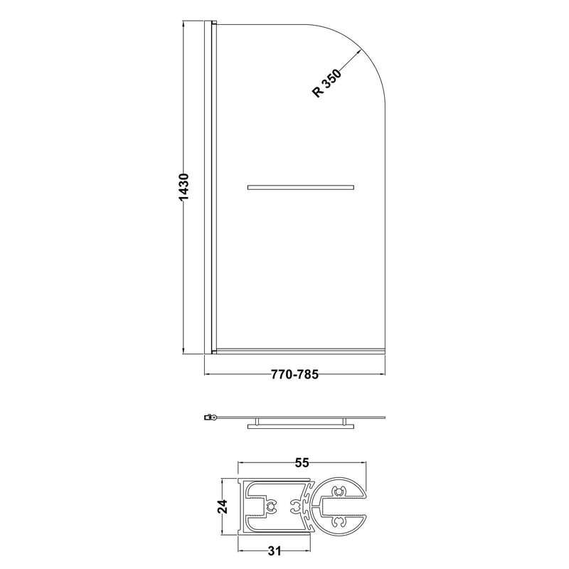 Porto Round Hinged 6mm Bath Screen With Towel Rail 785mm