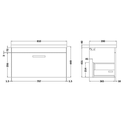 Cape 800mm Wall Hung Single Drawer Vanity Unit & Mid-Edge Basin - Gloss Grey