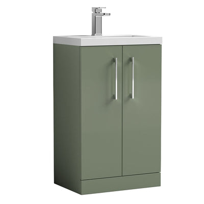 Nuie Arno Compact 600 x 353mm Floor Standing Vanity Unit With 2 Doors & Ceramic Basin - Green Satin