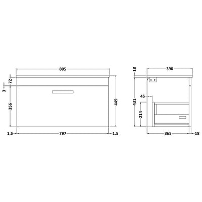 Cape 800mm Wall Hung Single Drawer Vanity Unit & Worktop - Gloss Grey