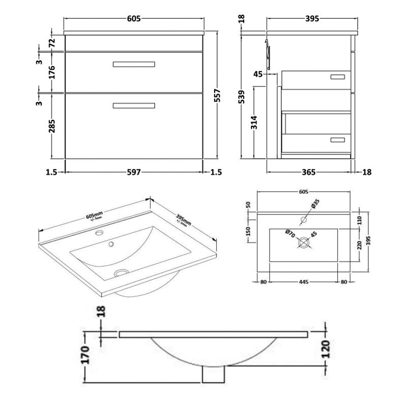 Lana 600mm Wall Hung 2 Drawer Vanity Unit & Minimalist Basin - Natural Oak