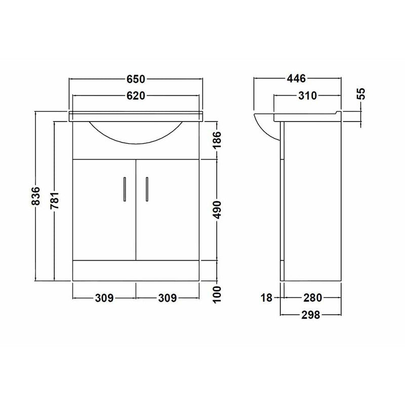 Howden 650mm Floor Standing Vanity Unit & Square Basin - Gloss White