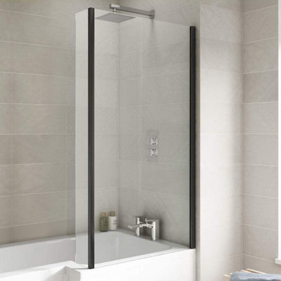 Cape Black Hinged L Shape Shower Bath Screen With Fixed Return 805mm