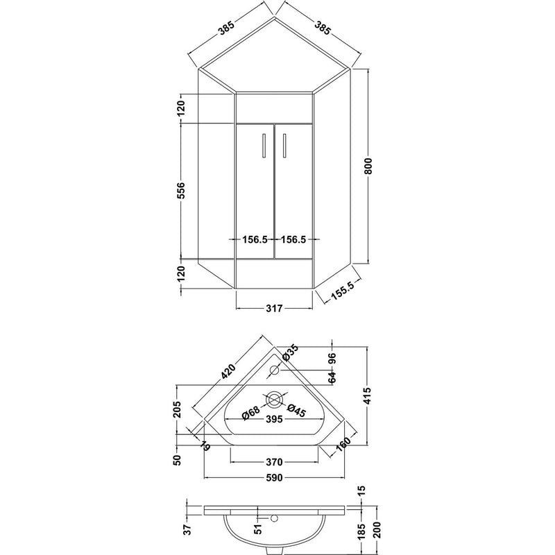 Nuie Mayford Cloakroom 555 x 395mm Floor Standing Corner Vanity Unit With 2 Doors & Ceramic Basin - White Gloss