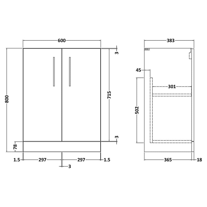 Nuie Arno Compact 600 x 353mm Floor Standing Vanity Unit With 2 Doors & Basin