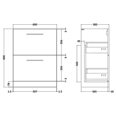 Nuie Arno 600 x 383mm Floor Standing Vanity Unit With 2 Drawers & Ceramic Basin
