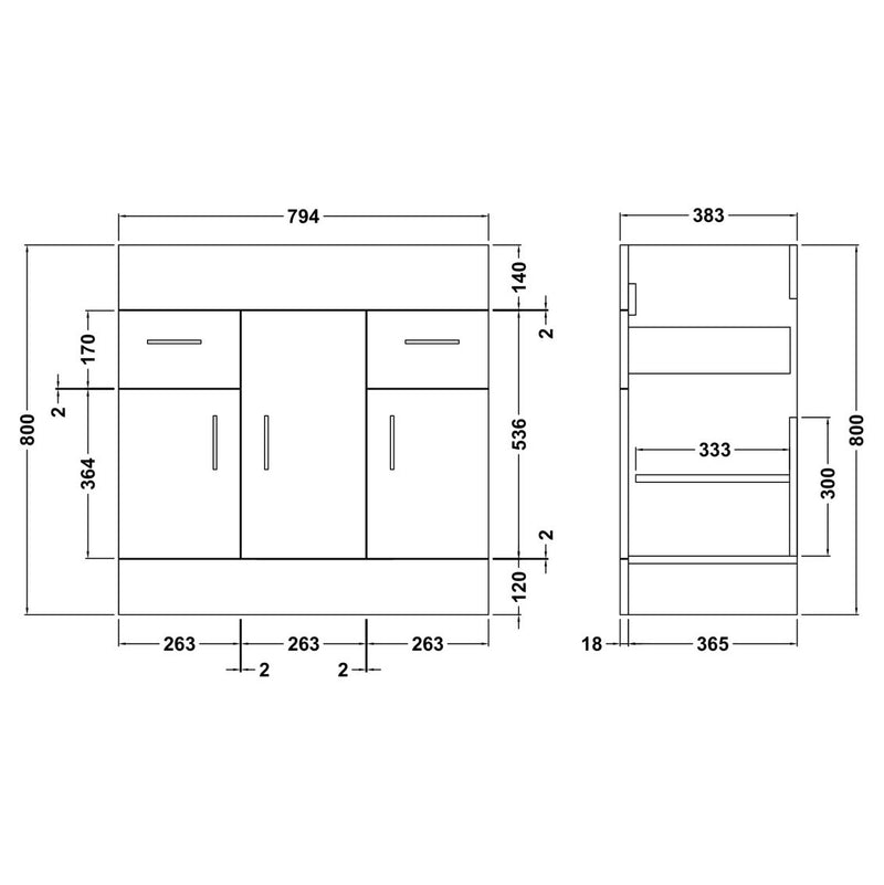 Nuie Eden 810 x 390mm Floor Standing Vanity Unit With 3 Doors, 2 Drawers & Ceramic Basin