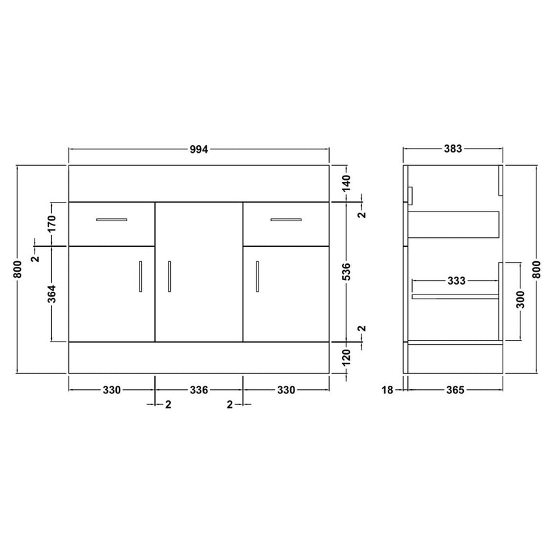 Nuie Eden 1010 x 390mm Floor Standing Vanity Unit With 3 Doors, 2 Drawers & Ceramic Basin
