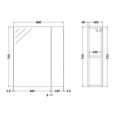 Cape 600mm Mirror Cabinet With 1 Small Door and 1 Large Door - Grey Avola