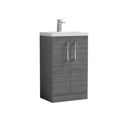 Nuie Arno Compact 500 x 353mm Floor Standing Vanity Unit With 2 Doors & Polymarble Basin - Anthracite Woodgrain