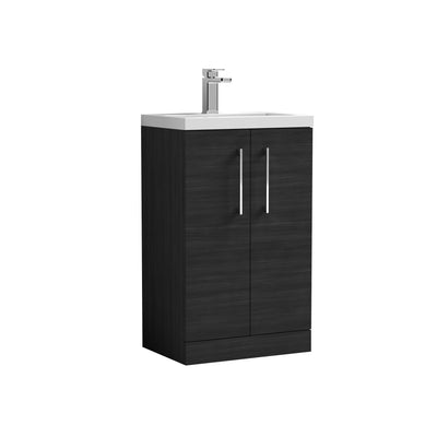 Nuie Arno Compact 500 x 353mm Floor Standing Vanity Unit With 2 Doors & Polymarble Basin - Charcoal Black Woodgrain