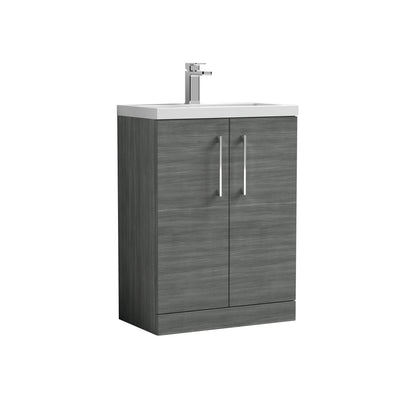 Nuie Arno Compact 600 x 353mm Floor Standing Vanity Unit With 2 Doors & Polymarble Basin - Anthracite Woodgrain