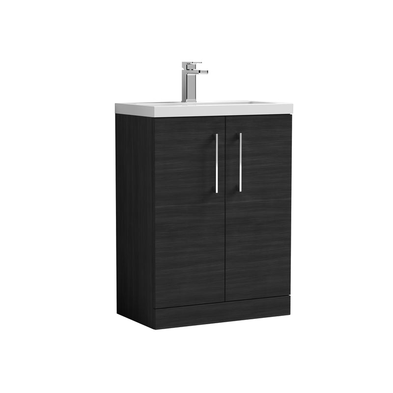 Nuie Arno Compact 600 x 353mm Floor Standing Vanity Unit With 2 Doors & Polymarble Basin - Charcoal Black Woodgrain