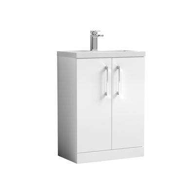 Nuie Arno Compact 600 x 353mm Floor Standing Vanity Unit With 2 Doors & Polymarble Basin - White Gloss