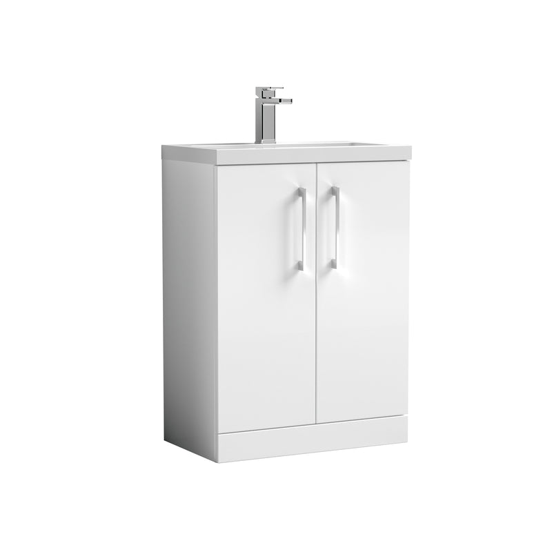 Nuie Arno Compact 600 x 353mm Floor Standing Vanity Unit With 2 Doors & Polymarble Basin - White Gloss