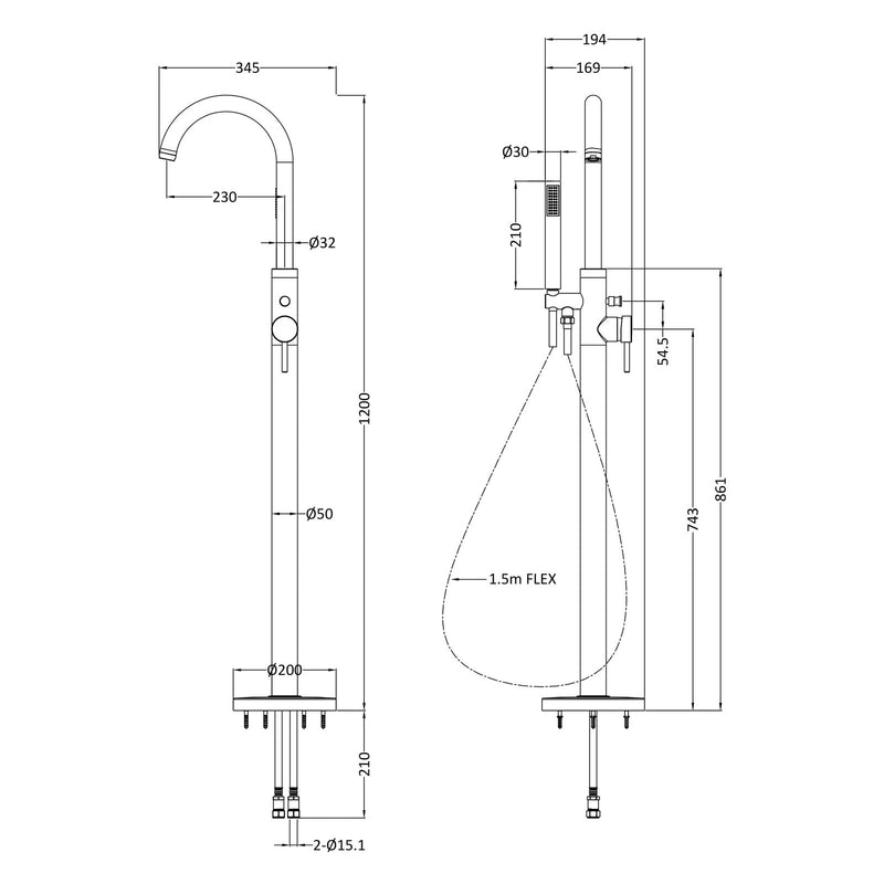 Hudson Reed Tec Lever Single Lever Floor Standing Bath Shower Mixer - Brushed Brass