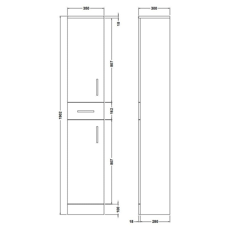 Nuie Mayford 1902 x 350 x 300mm Floor Standing Tallboy With 2 Doors & 1 Drawer - White Gloss