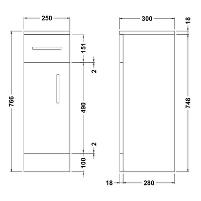Nuie Mayford 766 x 250 x 300mm Floor Standing Cupboard With 1 Door & 1 Drawer - White Gloss