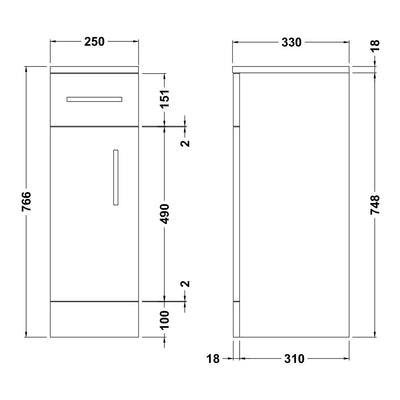 Nuie Mayford 766 x 250 x 330mm Floor Standing Cupboard With 1 Door & 1 Drawer - White Gloss