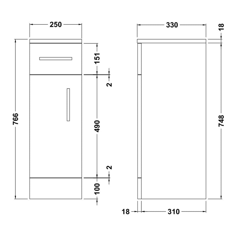 Nuie Mayford 766 x 250 x 330mm Floor Standing Cupboard With 1 Door & 1 Drawer - White Gloss