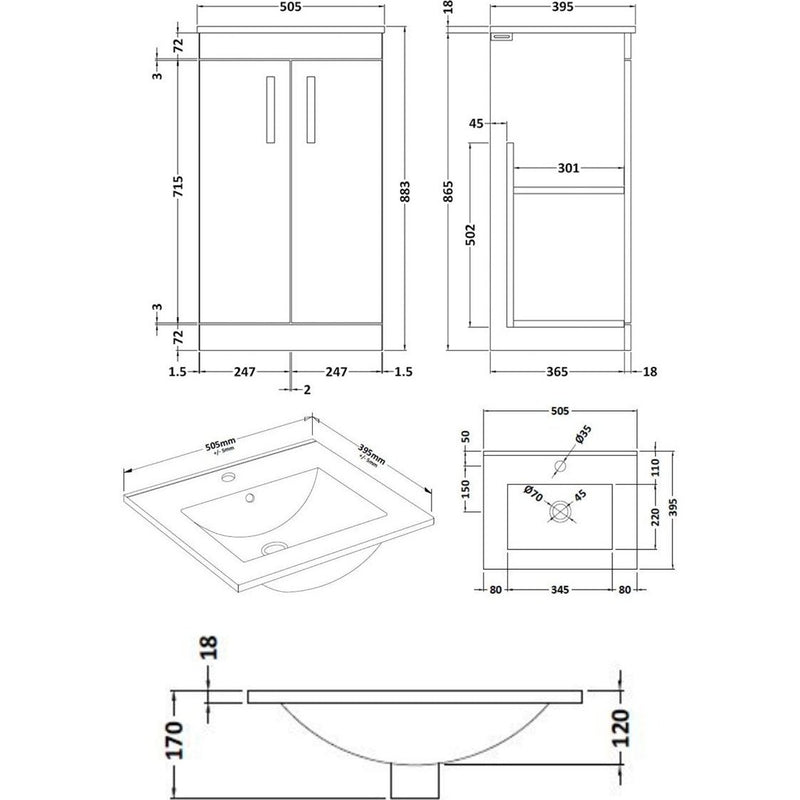 Lana 500mm Floor Standing 2 Door Vanity Unit & Minimalist Basin - Anthracite Woodgrain