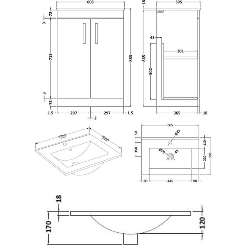 Lana 600mm Floor Standing 2 Door Vanity Unit & Minimalist Basin - Gloss Grey