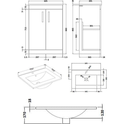 Lana 600mm Floor Standing 2 Door Vanity Unit & Minimalist Basin - Anthracite Woodgrain