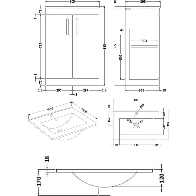 Lana 600mm Floor Standing 2 Door Vanity Unit & Minimalist Basin - Anthracite Woodgrain