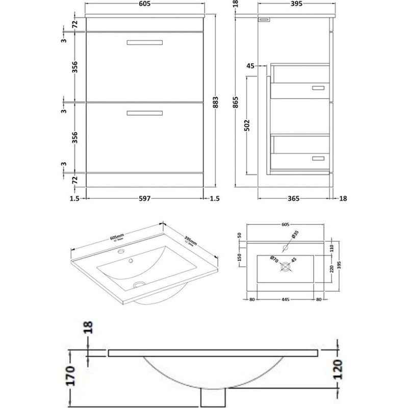Lana 600mm Floor Standing 2 Drawer Vanity Unit & Minimalist Basin - Anthracite Woodgrain