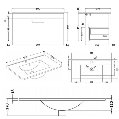 Lana 800mm Wall Hung Single Drawer Vanity Unit & Minimalist Basin - Anthracite Woodgrain