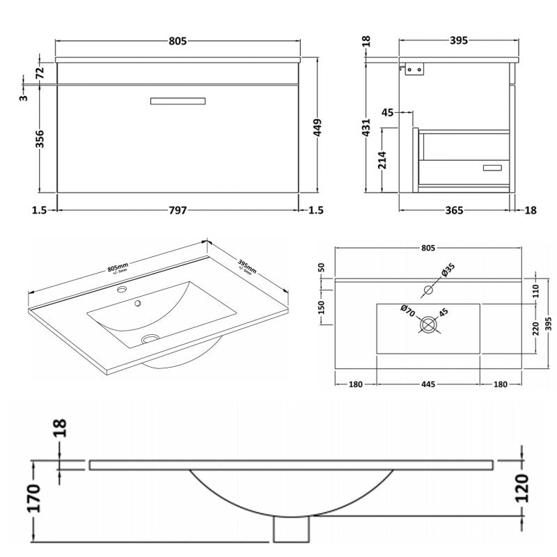 Lana 800mm Wall Hung Single Drawer Vanity Unit & Minimalist Basin - Anthracite Woodgrain