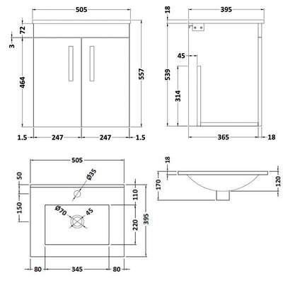 Lana 500mm Wall Hung 2 Door Vanity Unit & Minimalist Basin - Anthracite Woodgrain