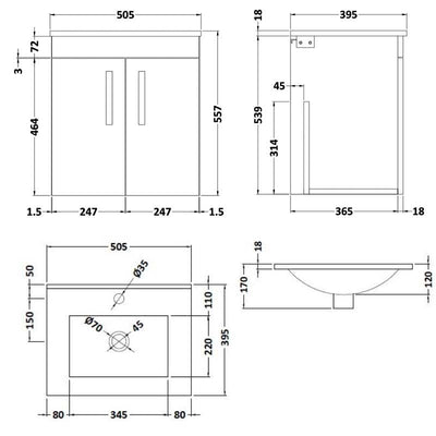 Lana 500mm Wall Hung 2 Door Vanity Unit & Minimalist Basin - Gloss Grey Mist