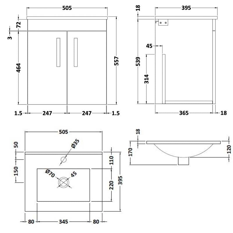 Lana 500mm Wall Hung 2 Door Vanity Unit & Minimalist Basin - Gloss Grey Mist