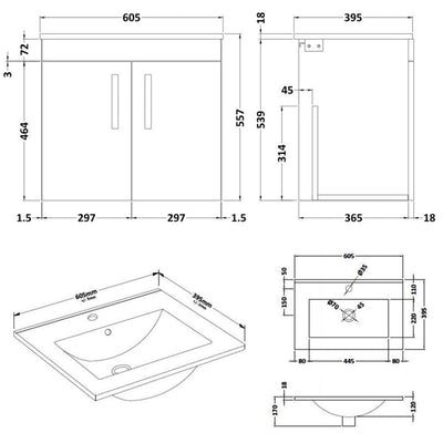 Lana 600mm Wall Hung 2 Door Vanity Unit & Minimalist Basin - Gloss Grey