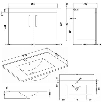 Lana 800mm Wall Hung 2 Door Vanity Unit & Minimalist Basin - Gloss Grey
