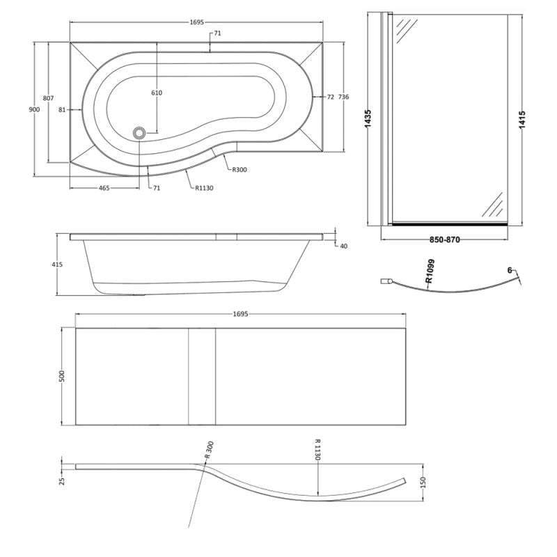 Capri B Shape Shower Bath With Screen & Front Panel 1700 x 900mm