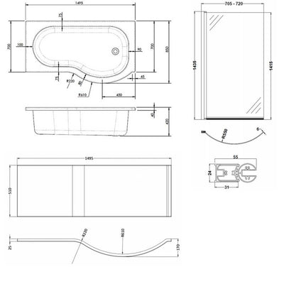 Capri P Shape Shower Bath With Screen & Front Panel 1500 x 850mm