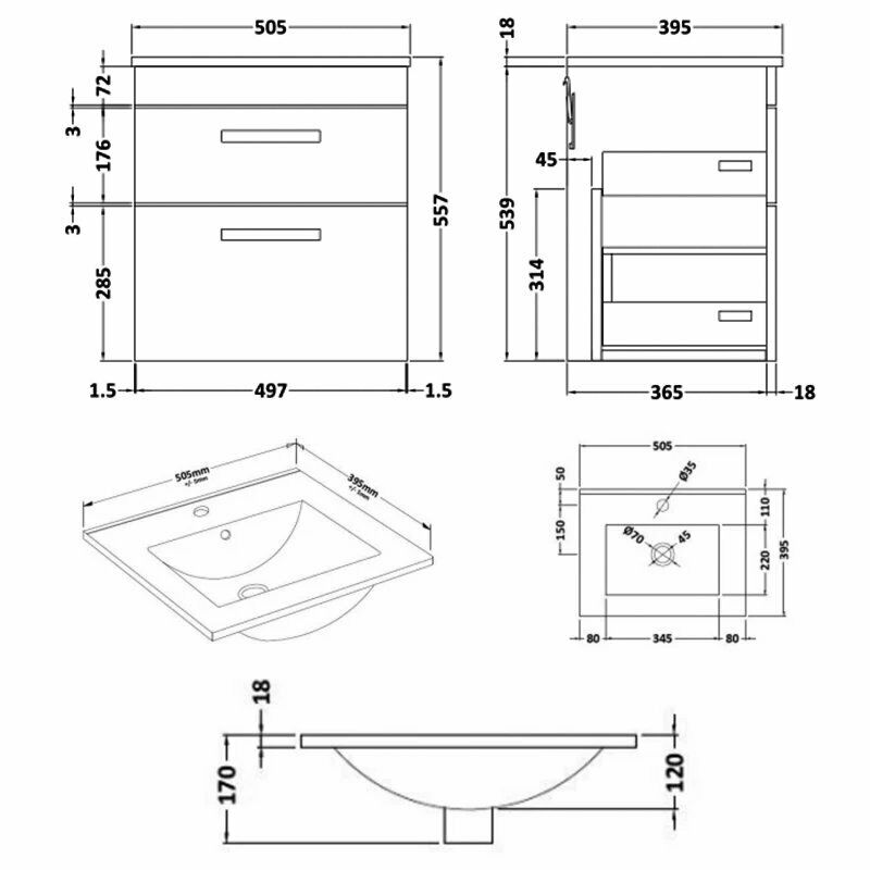 Lana 500mm Wall Hung 2 Drawer Vanity Unit & Minimalist Basin - Gloss Grey Mist
