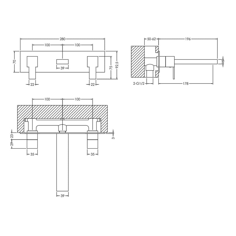 Howden 3 Hole Wall Mounted Basin Mixer With Plate