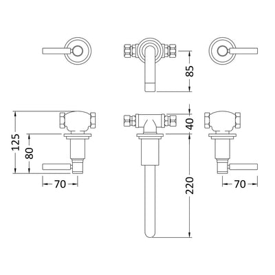 Hudson Reed Tec Lever Wall Mounted Basin Mixer - Brushed Brass