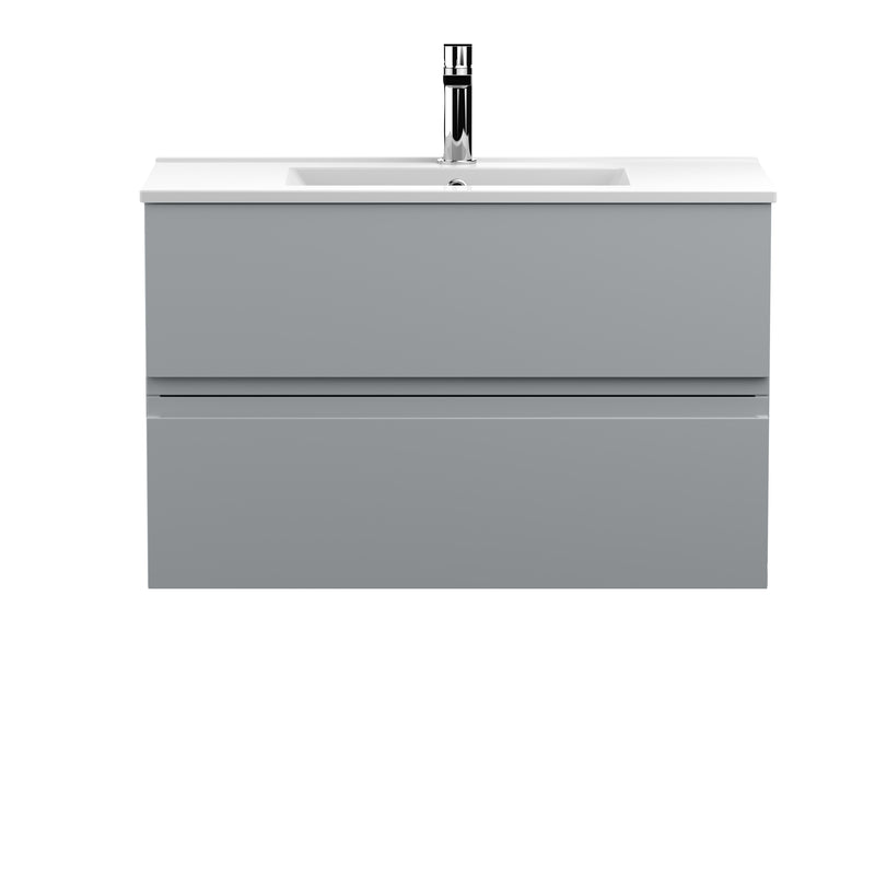 Hudson Reed Urban Wall Hung 800mm Vanity Unit With 2 Drawers & Minimalist Ceramic Basin - Satin Grey