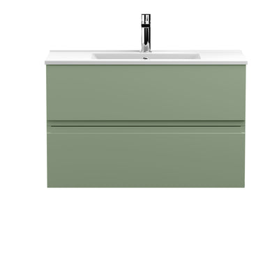 Hudson Reed Urban Wall Hung 800mm Vanity Unit With 2 Drawers & Minimalist Ceramic Basin - Satin Green