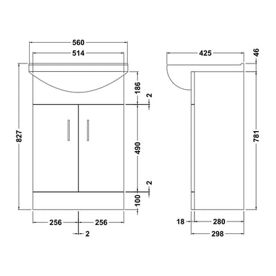 Nuie Mayford 550 x 300mm Floor Standing Vanity Unit With 2 Doors & Ceramic Basin - White Gloss