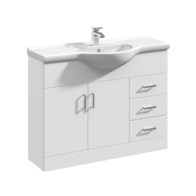 Nuie Mayford 1050 x 330mm Floor Standing Vanity Unit With 2 Doors, 3 Drawers & Ceramic Basin - White Gloss