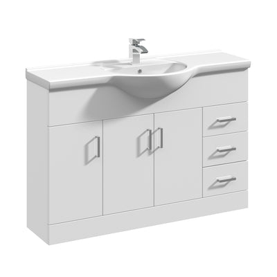 Nuie Mayford 1200 x 330mm Floor Standing Vanity Unit With 3 Doors, 3 Drawers & Ceramic Basin - White Gloss
